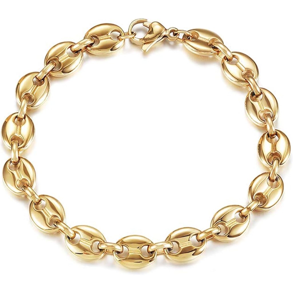 14k Gold Filled Coffee Bean Bracelets For Women, Link Chain Classic Charm Puff M